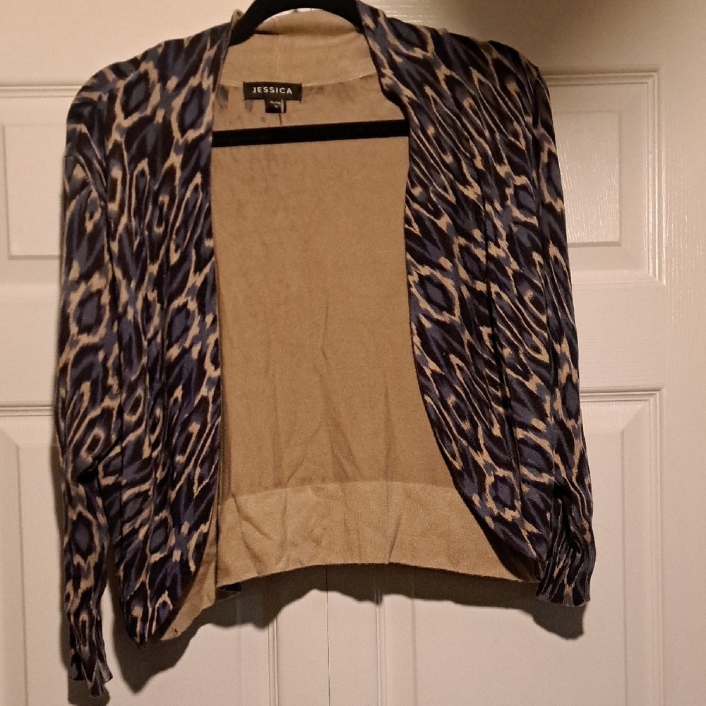 🎑 NWT Jessica Women's Blueish + grayish & Beige Cardigan/ Cape/ Overthrow Sleek - Picture 1 of 6